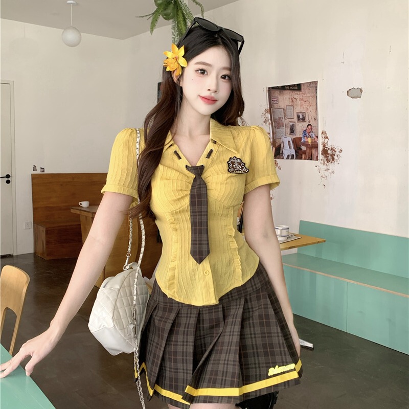 Gu Youran Plus-Size Women's Clothing Summer Fat Girl American Sweet College Style Tie Short-Sleeved Shirt A-Line Pleated Skirt