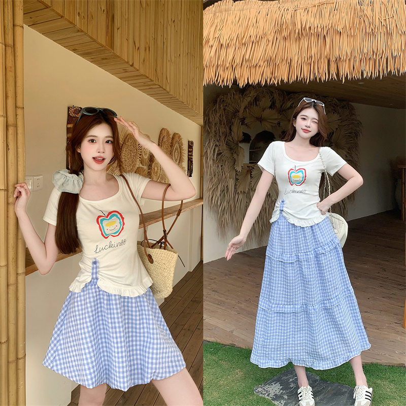 Gu Youran Plus-Size Women's Clothing 2026 Summer Slightly Chubby mm Korean Style Design Sweet Chic Printed Top + Skirt