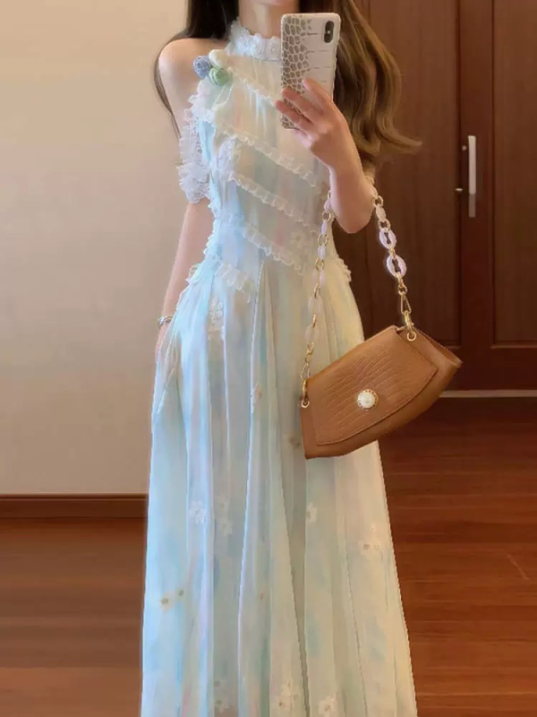 New French-Style Retro Vest Dress for Women, Summer Beach Style, Sweet Temperament, Waist-Cinching, Halter Neck, Blue, High-End