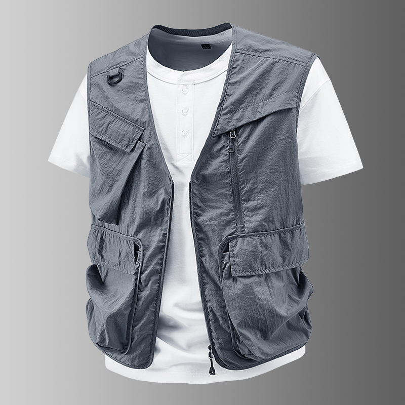 Outdoor Casual Lightweight Sun Protection Vest for Men, Summer Ice Silk Quick-Drying Multi-Pocket Lightweight V-Neck Vest