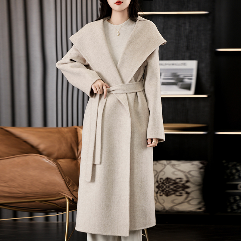 2024 Autumn and Winter Hooded Double-Sided Pure Wool Coat for Women, Classy Mid-Length Casual Korean Style Lace-Up Woolen Coat 2024 Autumn and Winter Hooded Double-Sided Pure Wool Coat for Women, Classy Mid-Length Casual Korean Style Lace-Up Woolen Coat