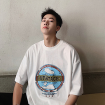 Short sleeves Male Port Wind T-shirt ins 50% sleeves 5 points Korean version Trend relaxation College craze net red identical blouse