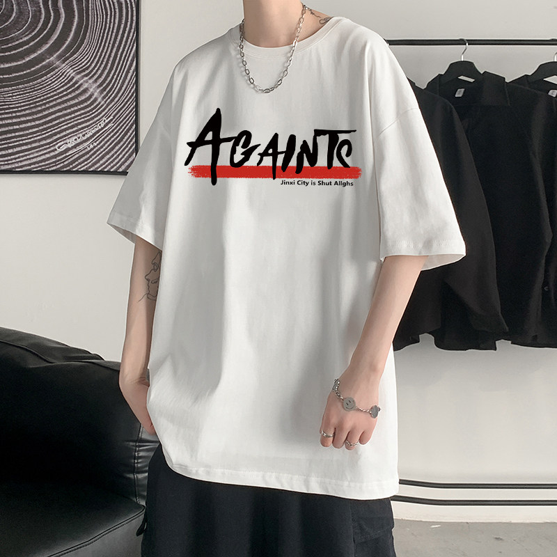 Summer Port Wind Chic Short Sleeve T-Shirt Male Tide Card Printed Half Sleeve Loose Trend 50% Sleeves Ins Net Red 