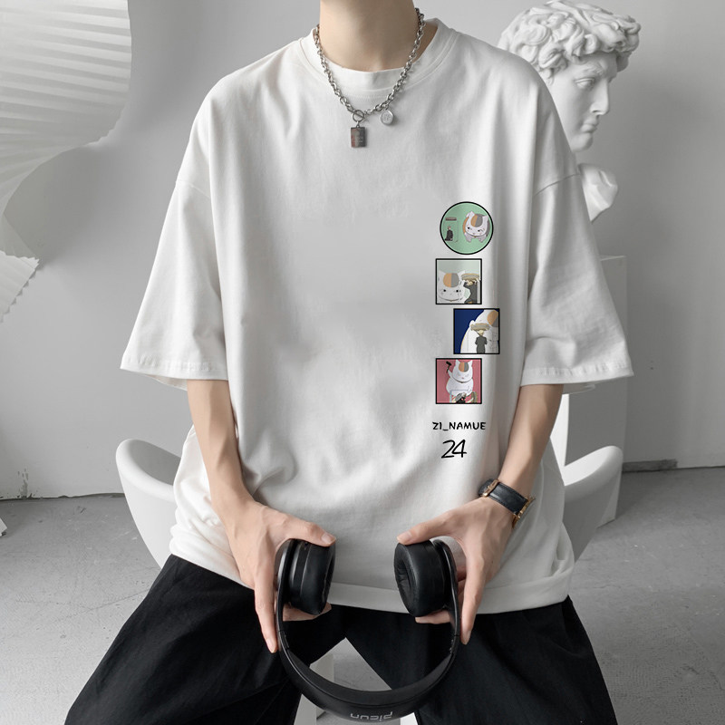 Summer short sleeve t-shirt male 2021 new trendy kitty printed loose 100 hitch minimalist about 50% sleeveless blouses 