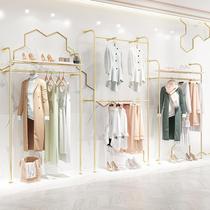 Clothing store display rack womens clothing store floor-standing display rack iron double-layer clothes hanger gold wall clothes rack
