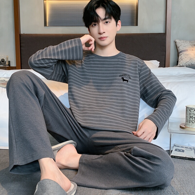 Autumn Pajamas for Men, Spring and Autumn Pure Cotton Long-Sleeved Casual, Lazy, Loose-Fitting Cotton Home Clothes for Men, Suitable for Wearing Outside