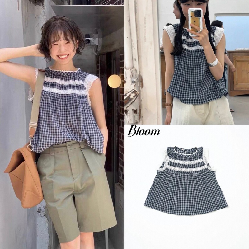 Buyer's Store Viaplain 26 Summer New Style Age-Reducing Plaid Back-Tie Lace Trim Sleeveless Shirt