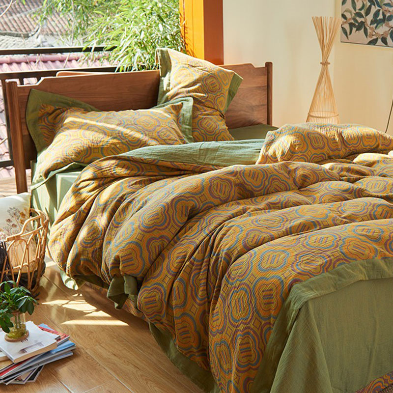 Retro style Lazy Advanced Wide Side Double Layer Yarn Four Pieces All Cotton 100 Cotton Kit Ab Face Jacquard Quilt Cover Bed