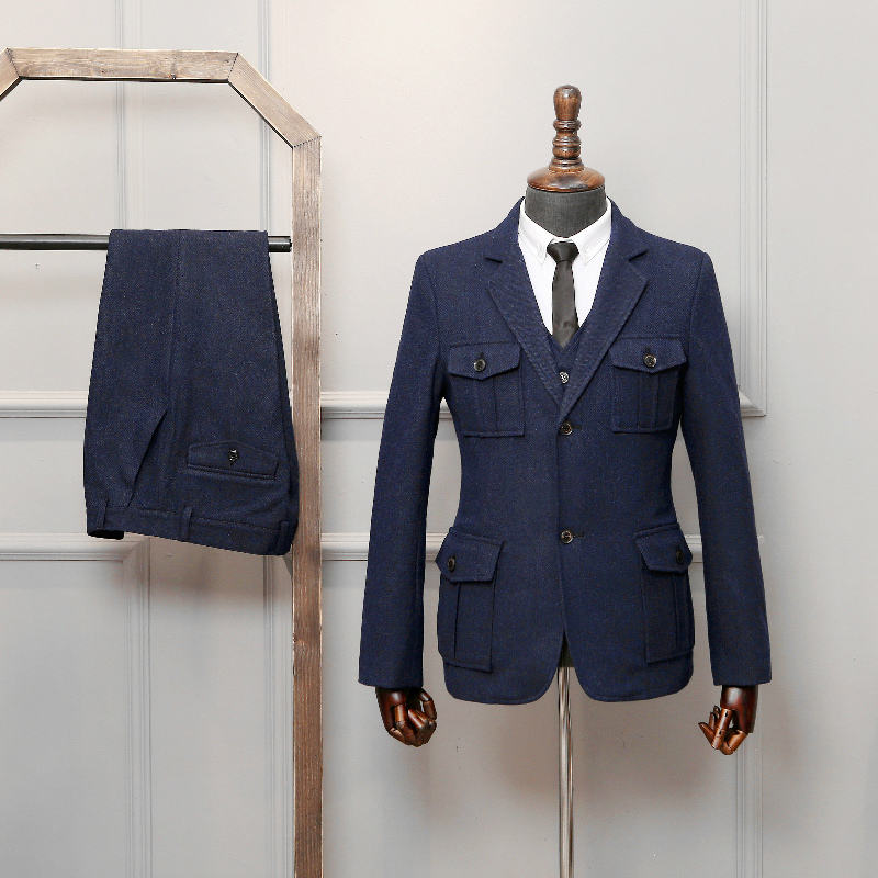 Bộ đồ len dày xương cá phù hợp với tweed tweed hunter ba mảnh Anh retro áo vest dạ nam
