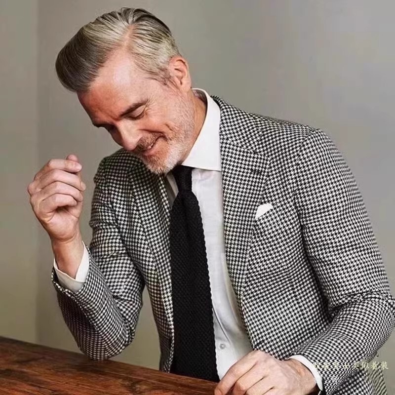 European and American Retro Tweed Houndstooth Suit for Men, Autumn and Winter Slim-Fit Jacket, British Casual Wool Suit Top, Trendy