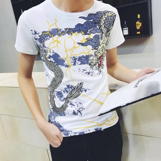 Thiếu niên mùa hè ngắn tay T-Shirt nam giới với mô hình rồng mùa hè junior học sinh trung học đẹp trai nhìn quần áo tốt triều