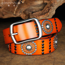 New Pint Headlayer Bull Leather Belt buckle male and female universal punk wind rivet trendy fashion personality jeans leather strap