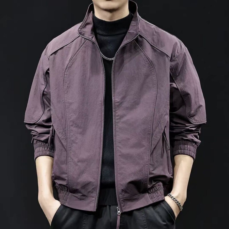 American-Style Functional Stand-Up Collar Jacket for Young Men, Autumn Windproof Motorcycle Jacket, Trendy Deconstructed Baseball Jacket