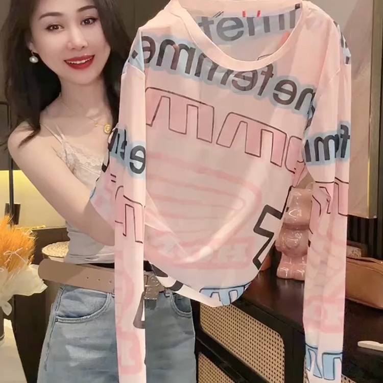 2025 Summer Thin American Style High-End Letter Print Sunscreen Mesh T-Shirt for Women, Slimming and Stylish Long-Sleeve Top