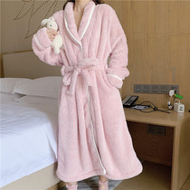 Winter plus thickening coral velvet in 2021 new dressing gown lady cute length flannel bathrobe pajamas