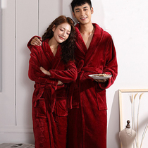 Couple dressing gown female autumn winter long thicker coral velvet married red life bathrobe men large-size pajamas