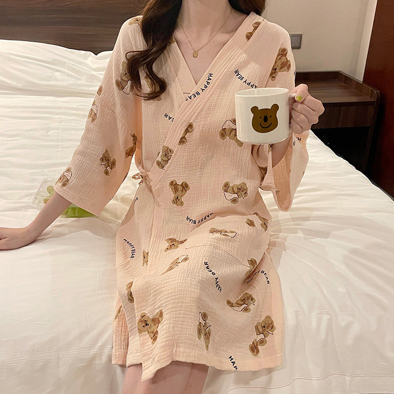 Pajamas ladies spring and autumn thin cute bear cotton gauze dressing gown Japanese kimono summer pajamas bathrobe new