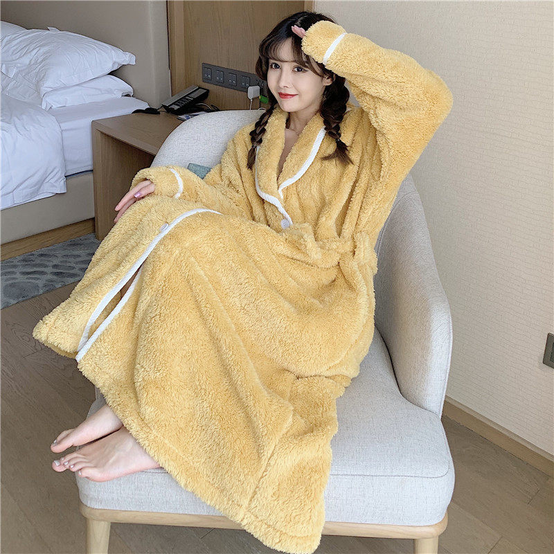 Autumn and winter thickened coral fleece nightgown women's mid-length version cute sweet kimono lace bathrobe flannel pajamas