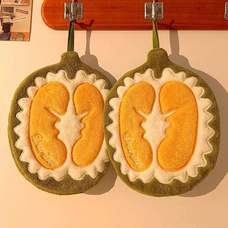 Cute Cartoon Durian Hand Towel, Hanging Absorbent Towel, Quick-Drying, Thickened, Lint-Free Hand Towel for Kitchen and Bathroom Cute Cartoon Durian Hand Towel, Hanging Absorbent Towel, Quick-Drying, Thickened, Lint-Free Hand Towel for Kitchen and Bathroom
