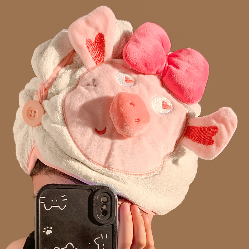 Cute Piggy Thickened Hair Drying Cap for Women, Super Absorbent and Quick-Drying, Home-Use Hair Towel Hat, Coral Fleece Shower Cap