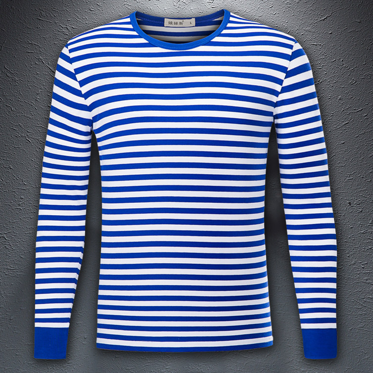 Domestic sea soul shirt men's long-sleeved T-shirt blue and white stripes middle-aged and elderly ribbed sleeves sweatshirt pure cotton bottoming shirt T