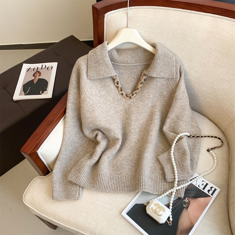 High-Quality Korean-Style Alpaca Wool Half-Open Collar Sweater for Women, Autumn and Winter Lazy Style Retro Loose Knit Top