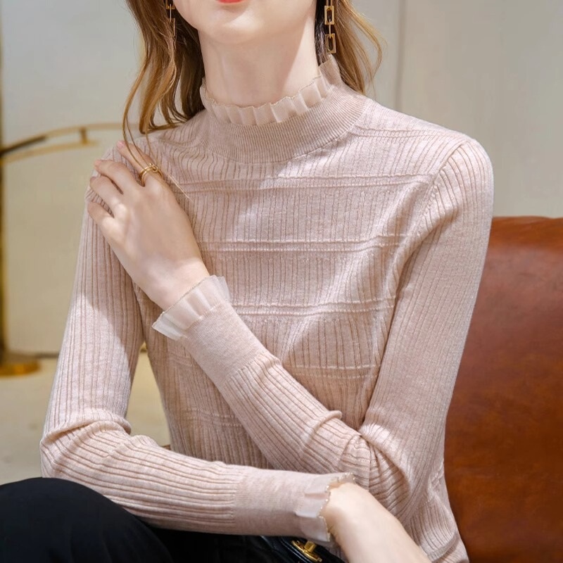 Autumn and Winter Sweater Women's Top 2025 New Style Long-Sleeve Lace Half-High Collar Knitwear Fashionable Slim-Fit Base Shirt