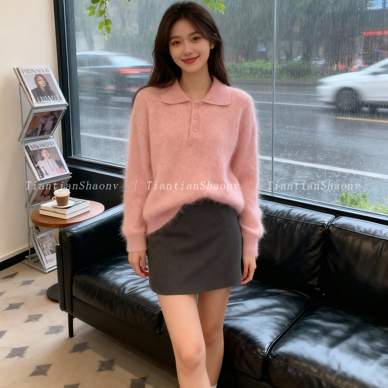 Recommended for Personal Collection~ Pink Mohair Polo Collar Fluffy Sweater for Women, New Autumn and Winter Style, Lazy Knit Top