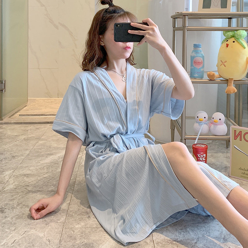 Kimono dressing gown women's summer pajama nightdress 2022 new short-sleeved cotton spring bathrobe plus size spring and autumn loungewear
