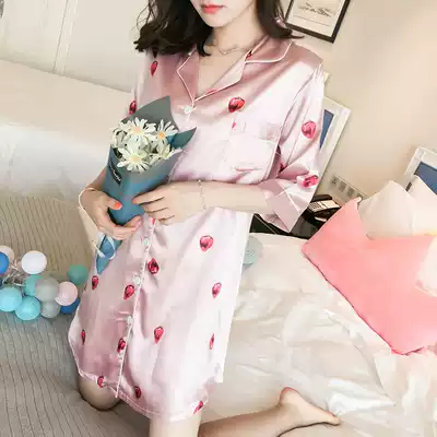 Sexy strawberry ice silk night dress women's summer short-sleeved silk pajamas spring and autumn big size thin fat mm200 kg