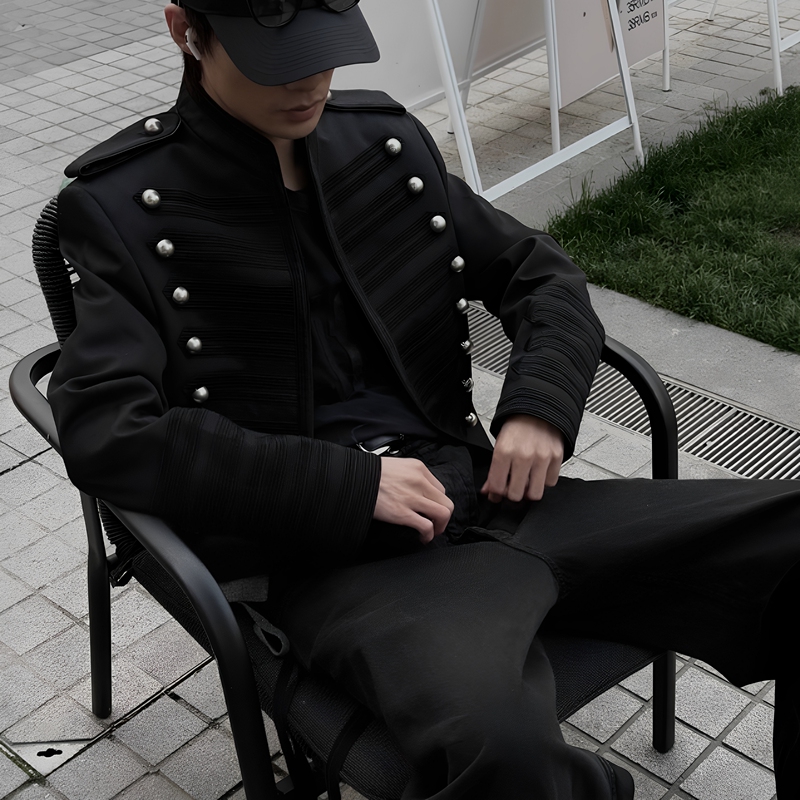 Laapy26 Show Style Ann Style Ceiling-Length Napoleon Court Jacket Dark Avant-Garde Silver Buckle Webbing Coat