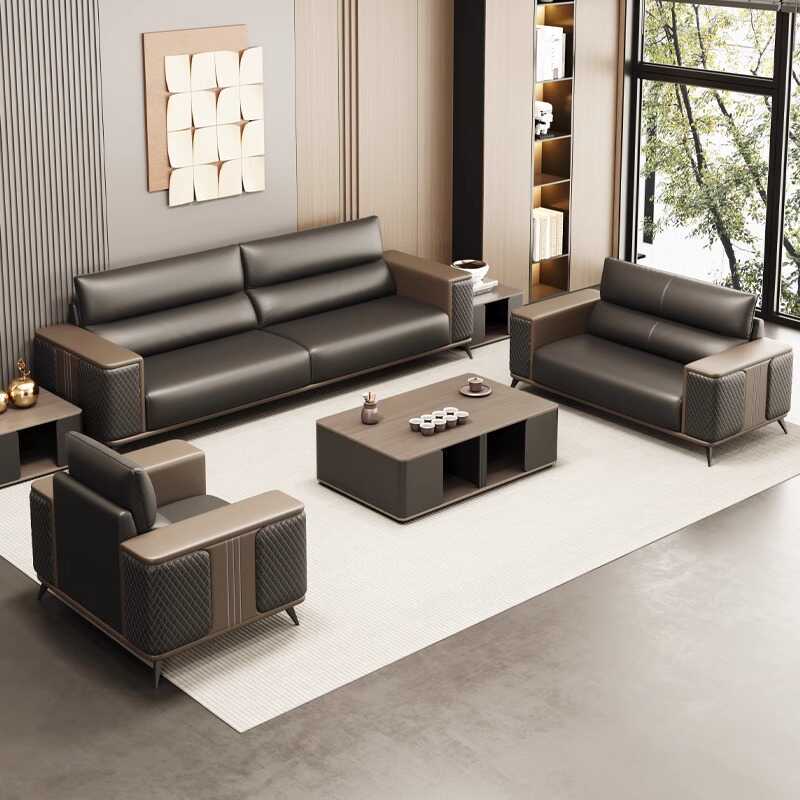 Office Sofa and Coffee Table Set, Simple Modern Style, Genuine Leather, Three-Seater Business Set for Meeting, Negotiation, Reception, and Rest