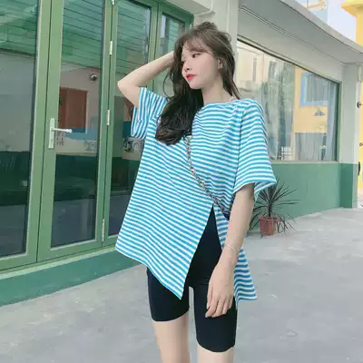 JUST CC Kaka women's official flagship Net red with leg long slit right angle shoulder stripe T-shirt shirt top women