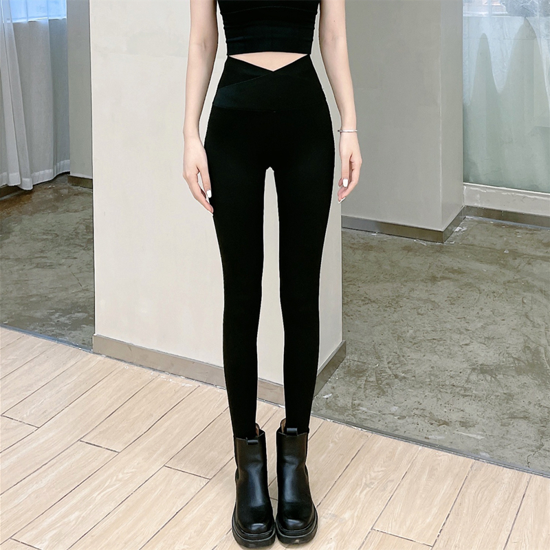 Kaka women's official flagship yoga pants plus velvet black pants high waist cross shark pants female