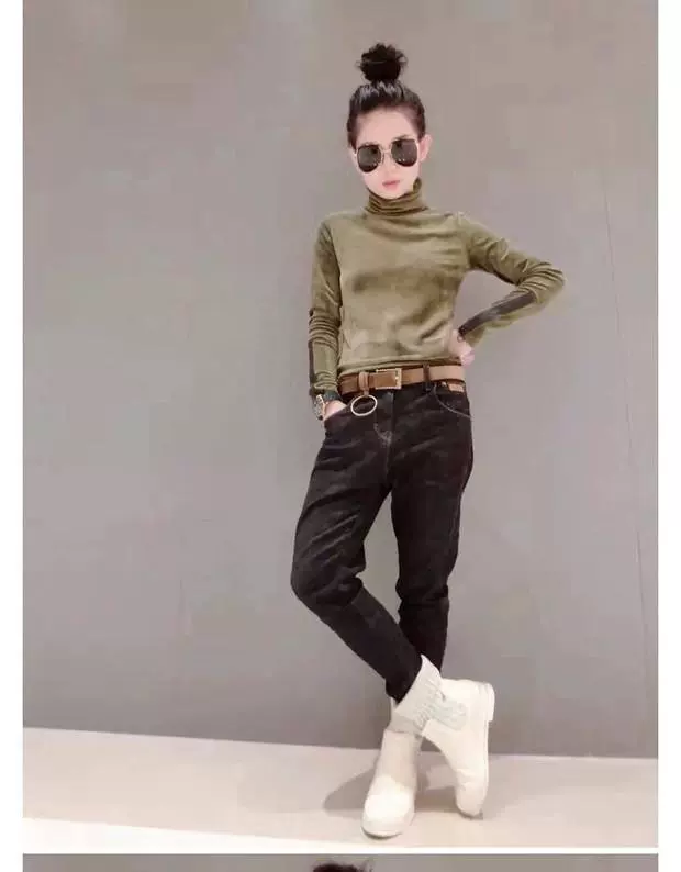 Áo nhung vàng nữ dài tay mùa thu đông phiên bản Hàn Quốc của nữ triều lớn áo cổ cao cạp cao áo thun rộng là áo mỏng