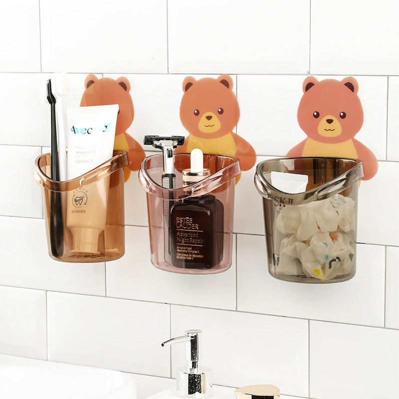Bear toothbrush cup holder wall-mounted punch-free dressing room electric toothbrush rack toothpaste toothpaste water storage box