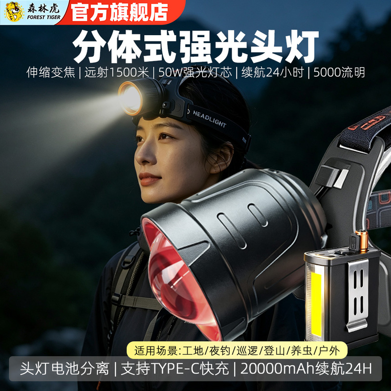 Forest Tiger Fishing-Specific Headlamp 2026 New Model Strong Light Ultra-Bright Head-Mounted Rechargeable Headlamp for Outdoor Mountaineering Forest Tiger Fishing-Specific Headlamp 2026 New Model Strong Light Ultra-Bright Head-Mounted Rechargeable Headlamp for Outdoor Mountaineering