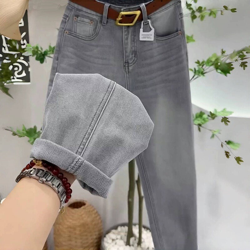 Plus-Size High-Waisted Light-Colored Stretchy Harem Jeans for Women, Early Autumn New Style, Pear-Shaped, Slimming, Hip-Covering Tapered Carrot Pants