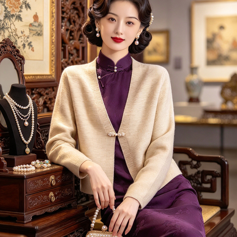 New Chinese-Style Wool Knit Cardigan for Women, Elegant Short Sweater Jacket to Wear with Cheongsam, 2026 Autumn and Winter New Style