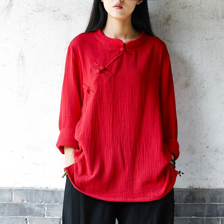 Chinese wind red cotton linen long sleeve disc buckle qipao-style blouse shorts women's zen-style tea artistes Costume Tea Aisle