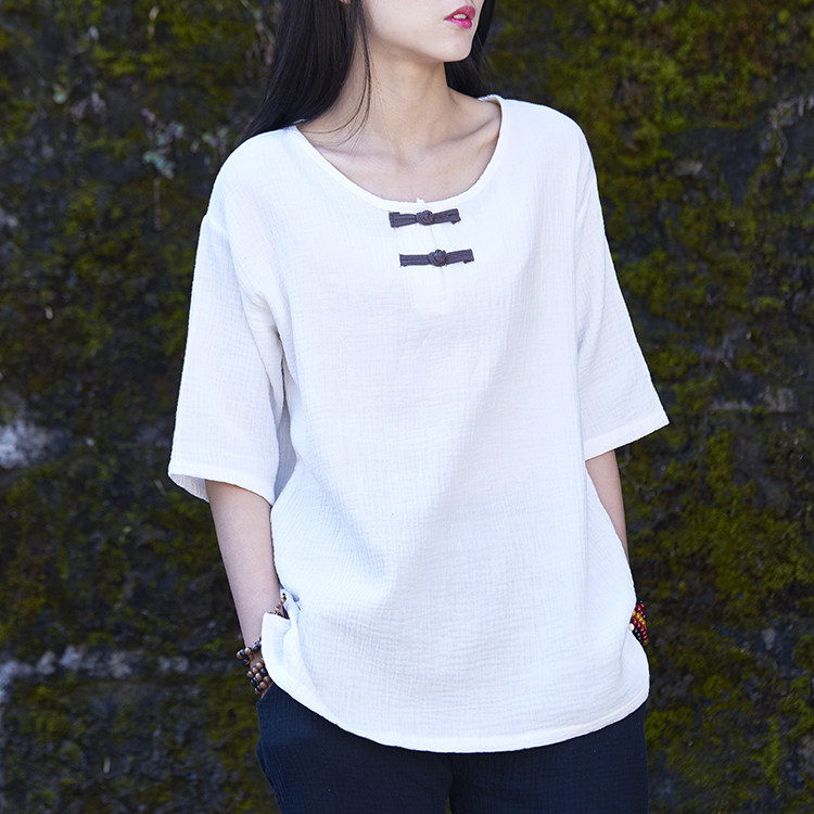 Summer white Zen suit tea suit cotton linen shirt meditation women dress national wind 70% sleeves disc button blouses Chinese wind