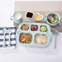 Baby plate sucker bowl grid plate Cartoon wheat straw fall-proof auxiliary food bowl Cute childrens tableware high temperature resistance