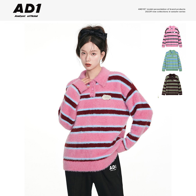 ANDYET AD1 22SS Original Mink Polo Collar Striped Sweater Vintage Lazy Loose Top