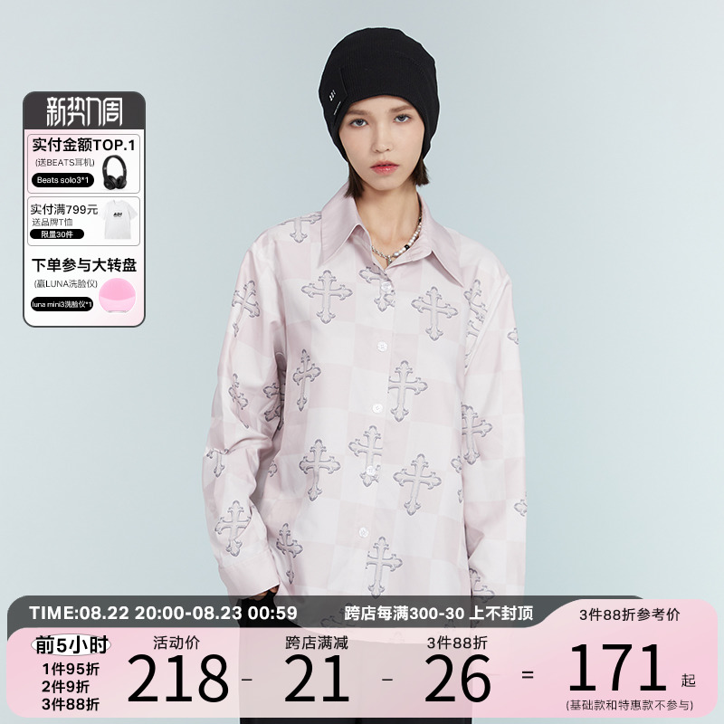 ANDYET AD1 21AW tide card Chessboard Lattice Cross Printed Long Sleeve Shirt Fall Couple Loose Shirt