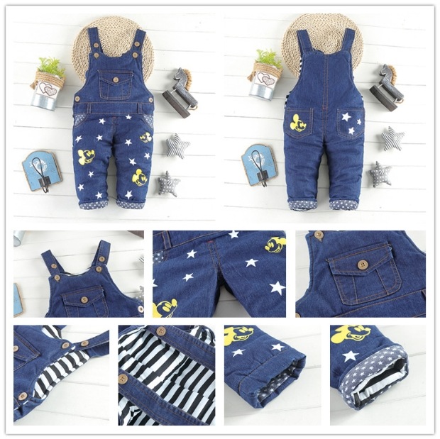 Quần denim bé trai mùa đông và bé gái mặc quần bé cotton dày 1-2-3 tuổi bộ quần áo liền thân