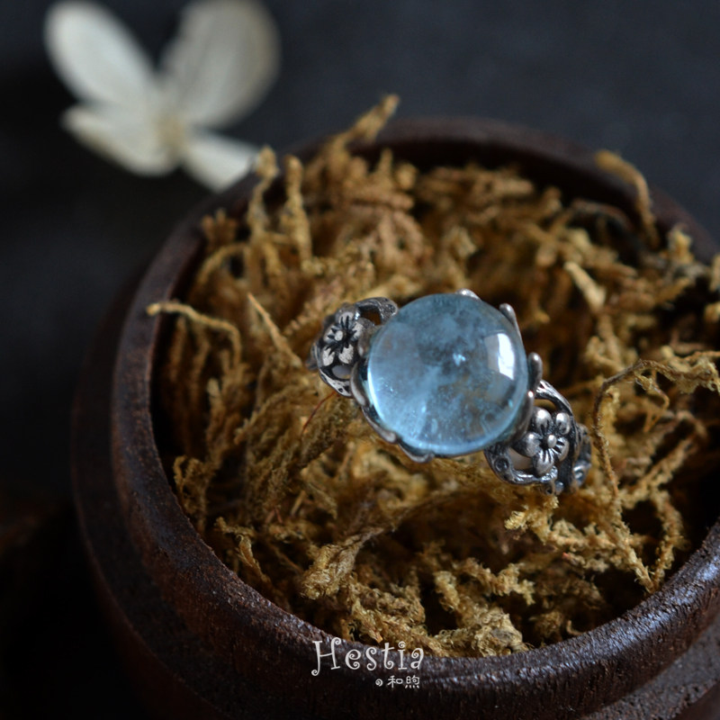 Retro S925 silver aquamarine flower ring for women