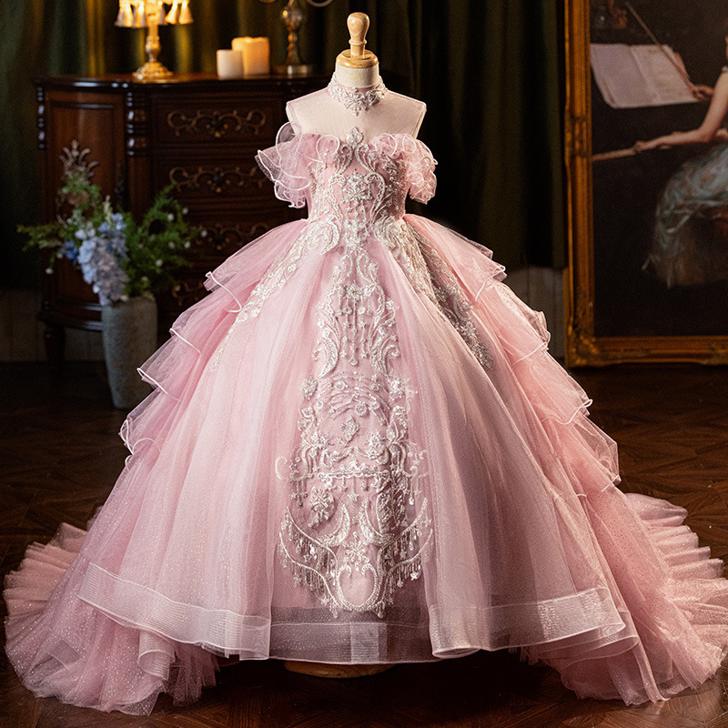 Girls' Host Dresses 2026 New Style Children's Birthday Wedding Dresses Pink Princess Dresses Piano Performance Outfits Wholesale