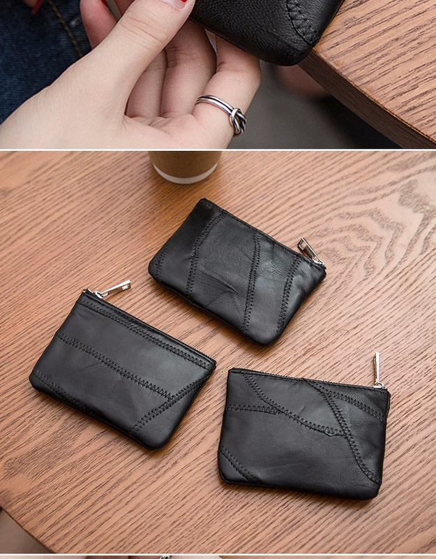 Da cừu khâu ladies ngắn coin purse da đơn giản nhỏ túi xách dây kéo túi đồng xu của nam giới túi chìa khóa gói thẻ