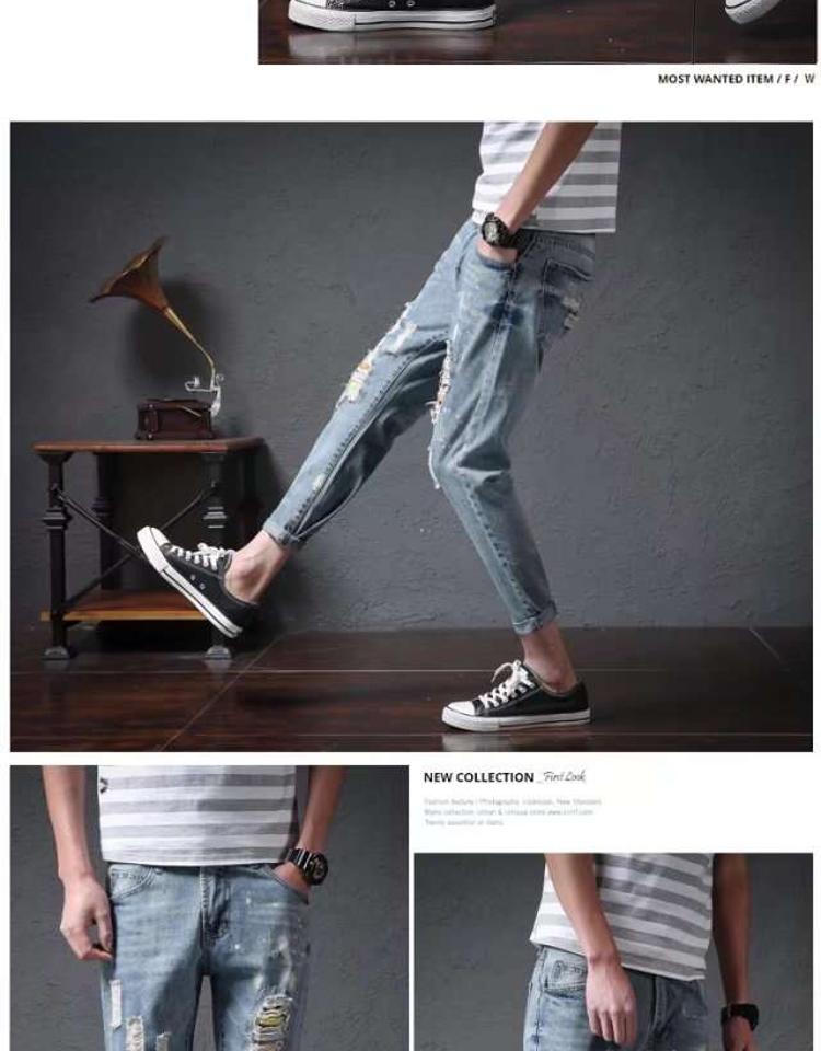 Nhanh tay thẻ đỏ thương hiệu Qi với đoạn quần jeans chữ màu xám in quần harem 9 điểm lỗ quần nam shop đồ nam