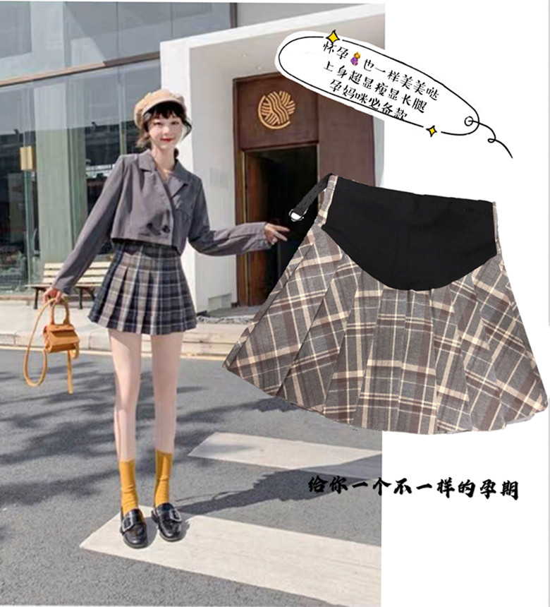 Pregnant woman half-body dress for autumn and winter outside wearing Korean version of plexicated dress checkered with a slim A-character pregnant woman short skirt